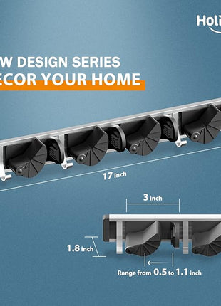 Holikme Mop Broom Holder Wall Mount Metal Pantry Organization and Storage Garden Kitchen Tool Organizer Wall Hanger for Home Goods (4 Positions with 4 Hooks, Black)