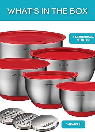 Belwares Mixing Bowls with Lids Set - Nesting Bowls with Airtight Lids + Graters - Stainless Steel Non-Slip Mixing Bowl for Baking, Food Storage and Prepping (Red, 5-Piece Set)