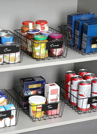 8 Pack Wire Storage Baskets for Organizing with Removable Tags, Pantry Organization Bins for Kitchen Cabinets, Closet - Metal Basket for Laundry, Garage, Refridge, Bathroom Countertop Organizer, Black