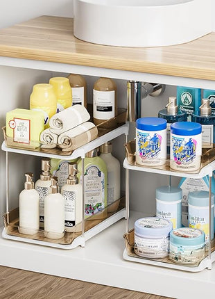 Delamu 2-Tier Multi-Purpose Bathroom Under Sink Organizers and Storage, Stackable Kitchen Pantry Organization, Pull Out Medicine Cabinet Organizer with Movable Dividers, Amber, 4 Pack