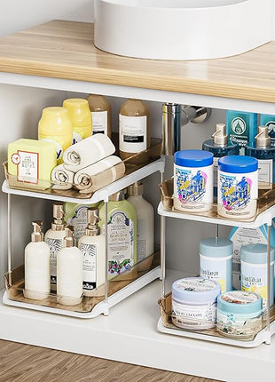 Delamu 2-Tier Multi-Purpose Bathroom Under Sink Organizers and Storage, Stackable Kitchen Pantry Organization, Pull Out Medicine Cabinet Organizer with Movable Dividers, Amber, 2 Pack