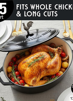 MUELLER HOME 5.5 Quart Enameled Cast Iron Oval Dutch Oven with Rooster Knob & Cotton Potholders, Heavy-Duty Cookware, Oven-Safe up to 500° F & Across All Cooktops, Gifts for Grandma & Women, Black