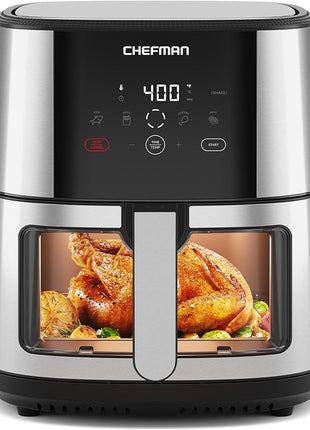 CHEFMAN Easy-View Air Fryer – 8 Qt Family Size with Viewing Window, One-Touch Digital Control with 4 Presets, Nonstick & Dishwasher Safe, Broil, Roast, Dehydrate, Bake, Auto-Shutoff, Stainless Steel