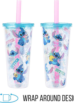 Silver Buffalo Disney Lilo and Stitch Snacking Pattern Plastic Boba Tumbler with Lid and Straw, 24 Ounces