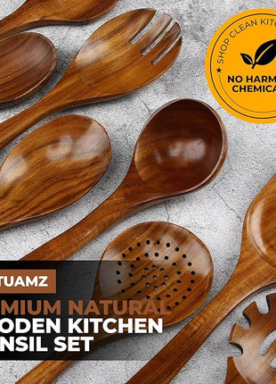 SPATUAMZ Teak Wood Spoons for Cooking, Natural Wooden Utensil Set of 10, Durable Heat Resistant Kitchen Cooking Utensils for Non-Stick Cookware