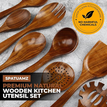 SPATUAMZ Teak Wood Spoons for Cooking, Natural Wooden Utensil Set of 10, Durable Heat Resistant Kitchen Cooking Utensils for Non-Stick Cookware