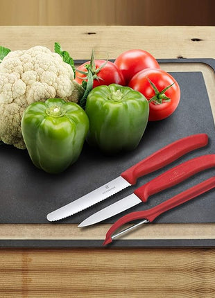 Victorinox Swiss Classic Paring Knife Set with Peeler - Includes a Straight Edge & Serrated Paring Knife, & Fruit & Vegetable Peeler - Red Handle, 3-Piece Set