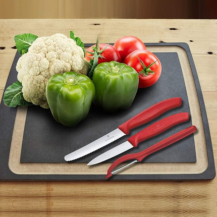 Victorinox Swiss Classic Paring Knife Set with Peeler - Includes a Straight Edge & Serrated Paring Knife, & Fruit & Vegetable Peeler - Red Handle, 3-Piece Set