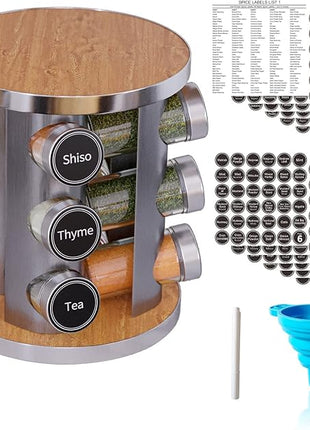 New England Stories Revolving Spice Rack Set with 12 Spice Jars, Kitchen Spice Tower Organizer for Countertop or Cabinet - Carousel Storage Includes 386 Spice Labels