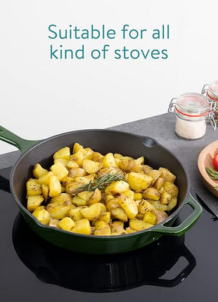 Navaris Enameled Cast Iron Skillet - 12" Frying Pan with Enamel Coated Finish - 12 inch Kitchen Cookware Fry Griddle for Stove Top and Oven - Green