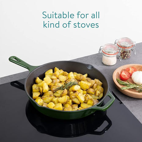 Navaris Enameled Cast Iron Skillet - 12" Frying Pan with Enamel Coated Finish - 12 inch Kitchen Cookware Fry Griddle for Stove Top and Oven - Green