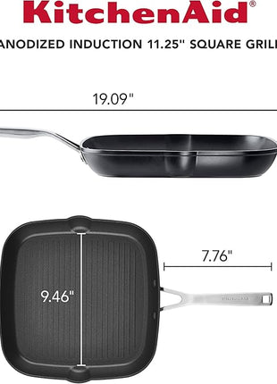 KitchenAid Hard Anodized Induction Nonstick Square Grill Pan/Griddle with Pouring Spouts, 11.25 Inch, Matte Black