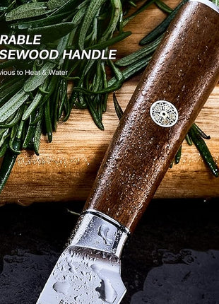 KYOKU 5 Inch Steak Knife Set of 4 - Daimyo Series Japanese 440C Stainless Steel Serrated Steak Knives - Ergonomic Rosewood Handles Mosaic Pins - with Sheaths & Case