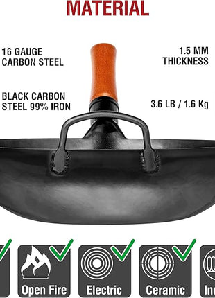 YOSUKATA 13.5" Carbon Steel Wok Pan – Pre-Seasoned Flat Bottom Pow Wok for Stir Fry, BBQ, Grill & Camping – Traditional Japanese Chinese Cookware – Compatible with Induction, Electric, Gas, Open Fire