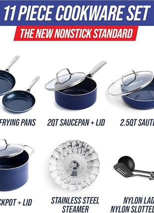 Blue Diamond 11 Piece Cookware Set, Diamond Infused PFAS & PFOA-Free Ceramic Nonstick Pots and Pans, Durable Nontoxic Metal Utensil Safe & Scratch Resistant, Dishwasher & Oven Safe, Blue