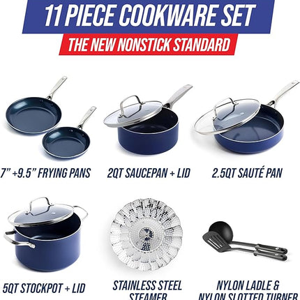 Blue Diamond 11 Piece Cookware Set, Diamond Infused PFAS & PFOA-Free Ceramic Nonstick Pots and Pans, Durable Nontoxic Metal Utensil Safe & Scratch Resistant, Dishwasher & Oven Safe, Blue