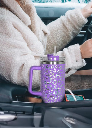 40 oz Tumbler with Handle and Straw, 100% Leak-Proof Travel Mug, Stainless Steel Double Wall Vacuum Insulated Coffee Cup Keeps Cold For 34 Hours, Dishwasher Safe, Purple Leopard