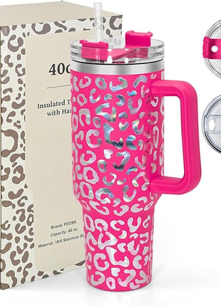 40 oz Tumbler with Handle and Straw, 100% Leak-Proof Travel Mug, Stainless Steel Double Wall Vacuum Insulated Coffee Cup Keeps Cold For 34 Hours, Dishwasher Safe, Hot Pink Leopard