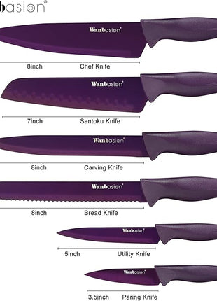 Wanbasion Purple Professional Kitchen Knife Chef Set, Stainless Steel, Dishwasher Safe with Covers