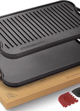 Overmont Pre-seasoned 17x9.8" Cast Iron Reversible Griddle Grill Pan with handles for Gas Stovetop Open Fire Oven, One tray, Scrapers Included