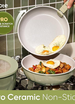 CAROTE 27pcs Ceramic Cookware Set Nonstick, Pots and Pans Set Non stick, Non Toxic Cookware, Dishwasher/Oven Safe, RV/Camping Cookware Set, Pan and Pot with Kitchen Utensils, Green