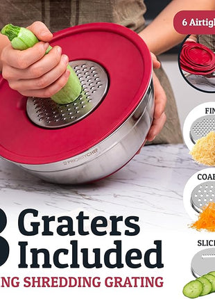 Priority Chef Stainless Steel Mixing Bowls with Lids Set - Premium 30Pcs with 6pc Metal Bowl Set for Kitchen, 3 Graters, Airtight Lids, Non-Slip Bases & Silicone Utensils, Red