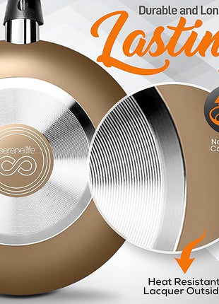 SereneLife Kitchenware Pots & Pans Basic Kitchen Cookware, Black Non-Stick Coating Inside, Heat Resistant Lacquer (15-Piece Set), One Size, Gold