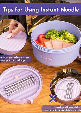 AI LOVE PEACE Ramen Bowls, 40 oz Large Microwavable Noodle Bowls (2 Purple) with Chopsticks, Sporks, and Utensil Bag, Portable Microwave Bowl for Home, Office, Dorm, or College Gift.