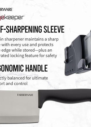 Farberware Edgekeeper 6-Inch Cleaver Knife with Self-Sharpening Blade Cover, High Carbon-Stainless Steel Kitchen Knife with Ergonomic Handle, Razor-Sharp Knife, Black