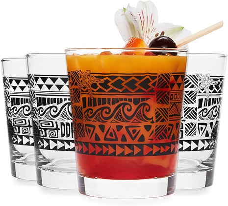 Libbey Tiki Rocks Glasses Set, Vintage-style Glassware Drinking Glasses Set of 4, Exotic, Dishwasher Safe Glasses for Backyard Luau or Pool Party