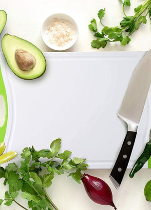 Neoflam 2 Piece Plastic Cutting Board Set, Microban Protection, Stain & Odor Free, Extra Large, BPA Free, Juice Groove, Non Slip, Dishwasher Safe, Easy Grip Handle, White Green