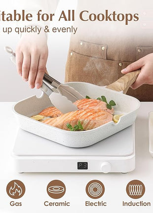 SENSARTE Nonstick Ceramic Grill Pan for Stove Tops, Square Grilling Pan with Pour Spouts, Non Toxic Durable Grill Skillet for All Stoves(Gas,Electric,Induction) PTFE,PFAS,PFOA Free, 12Inch (White)