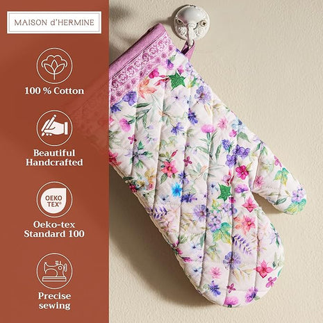 Maison d' Hermine Oven Gloves 100% Cotton Oven Mitt 7" x 13" with Loop Heat Resistant, BBQ, Cooking Gloves, Baking, Grilling, Kitchen, Handling Hot Pans Spring/Summer (Pack of 1, Chardon)