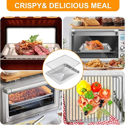 Air Fryer Baking Pan & Grill Rack Set for Breville Countertop Oven BOV845BSS, 14''×11.6''&11.77''×11.77', Nonstick Stainless Steel Set 360°Heating Grilling Oven Accessories for Family Cooking