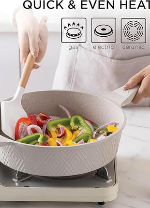 Country Kitchen Non-Stick Cast Aluminum Cookware Set - Durable Kitchen Cookware for Everyday Cooking, Cream Rhombus, 11 Pc.