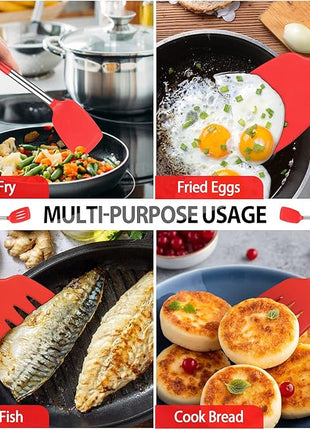 Pack of 4 Large Silicone Cooking Spatulas and Spoons, Slotted and Solid Stainless Steel Cooking Utensils Set, Non-stick Heat Resistant Kitchen for Baking, Fried, Stir-Fry, Mixing, Serving (Red)