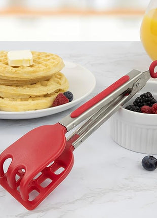Tovolo Waffle Tongs Mini Silicone Kitchen Tongs for Cooking Serving Flat Stainless Steel Small Tongs with Silicone Tips for Salads Belgian Waffles Air Fryer Appetizers Dishwasher Safe Cayenne Red