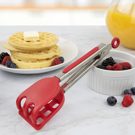 Tovolo Waffle Tongs Mini Silicone Kitchen Tongs for Cooking Serving Flat Stainless Steel Small Tongs with Silicone Tips for Salads Belgian Waffles Air Fryer Appetizers Dishwasher Safe Cayenne Red