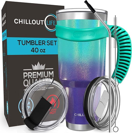 CHILLOUT LIFE Stainless Steel Travel Mug with Handle 40 oz – 6 Piece Set. Tumbler with Handle, Straw, Cleaning Brush & 2 Lids. Double Wall Insulated Large Coffee Mug Bundle - Mermaid Sparkle