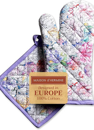 Maison d' Hermine 100% Cotton Oven Mitt & Pot Holder Set (7.5"x13" & 8"x8") Heat Resistant BBQ Cooking Gloves with Loop, Baking, Grilling, Kitchen, Handling Hot Pans Spring/Summer (Floral Love)