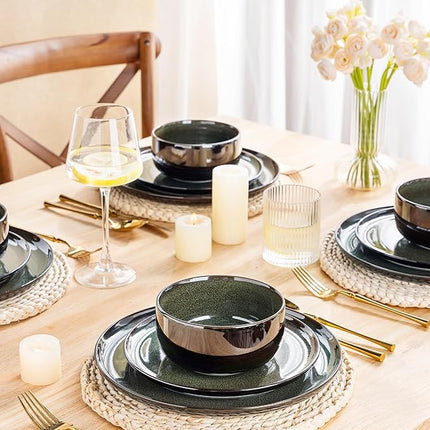 LeRatio Ceramic Dinnerware Sets for 4,Porcelain Plates and Bowls Sets, Reactive Glaze Dishes Set,Chip Resistant and Scratch Resistant | Oven&Dishwasher & Microwave Safe,Service for 4-Green&Black