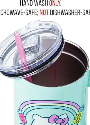 Silver Buffalo Sanrio Hello Kitty Kawaii Strawberry, Pineapple, and Rainbows Stainless Steel Tumbler with Handle and Straw, Fits in Standard Cup Holder, 40 Ounces