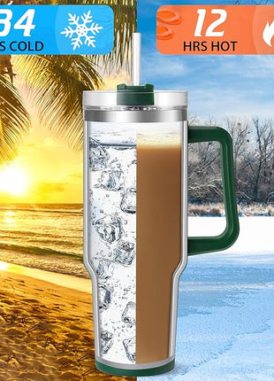 40 oz Tumbler with Handle | Stainless Steel Insulated Tumblers with Lids and Straw | Insulated Travel Mug Iced Coffee Cup | Keeps Cold for 34 Hours | Dishwasher Safe, BPA Free | Sage Green