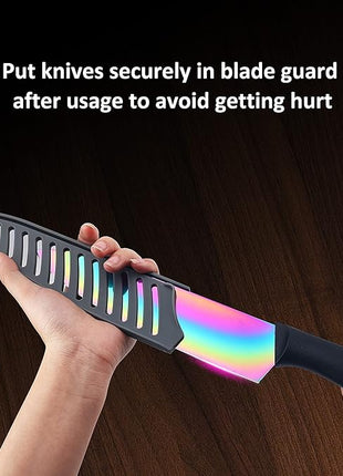 Marco Almond Kitchen Knife Set, KYA36 12-Piece Rainbow Color Stainless Steel Chef Boxed Knives Set for Kitchen with Covers, 6 Knives with 6 Blade Guards, Black