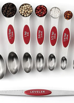 Spring Chef Red Stainless Steel Magnetic Measuring Spoons Set of 8 with Leveler, Metal Teaspoon & Tablespoon Measuring Spoons with Strong Magnets, Kitchen Gadgets for Baking & Cooking - Set of 2