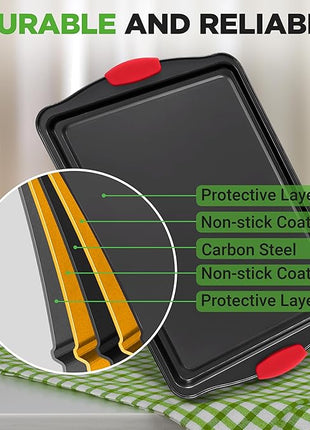 NutriChef Non-Stick Kitchen Oven Baking Pans-Deluxe & Stylish Nonstick Gray Coating Inside Outside, Commercial Grade Restaurant Quality Metal Bakeware with Red Silicone Handles NCSBS8S, 8 Piece Set