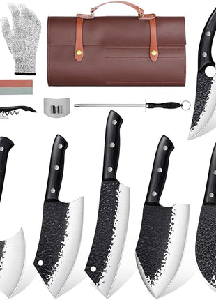 Golden Bird Butcher Knife Set - 13pcs Chef Knife Set Hand Forged Knives for Kitchen, Sharp Japanese Knives Sets for Meat Cutting, Camping, BBQ, Christmas Gifts for Men Women