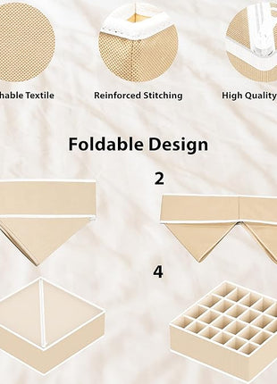 Simple Houseware 4-Pack Drawer Organizer Set - Closet Dividers for Underwear, Socks, Bras, Scarves, Ties - Foldable Non-Woven Storage Boxes, Beige