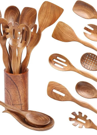 Wooden Spoons for Cooking with Holder,10Pcs Wooden Kitchen Utensil Set Non stick, Non Scratch Natural Teak Wooden Utensils for Cooking