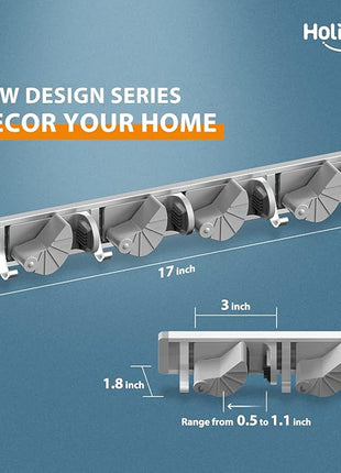 Holikme Mop Broom Holder Wall Mount Metal Pantry Organization and Storage Garden Kitchen Tool Organizer Wall Hanger for Home Goods (4 Positions with 4 Hooks, Silver)